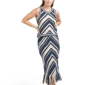 2PC Knit Crochet Top And Skirt (Color: Navy & Cream)